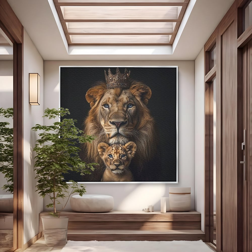Tablou canvas cu tablou portret cu leu si pui, in rama de aluminiu argintiu